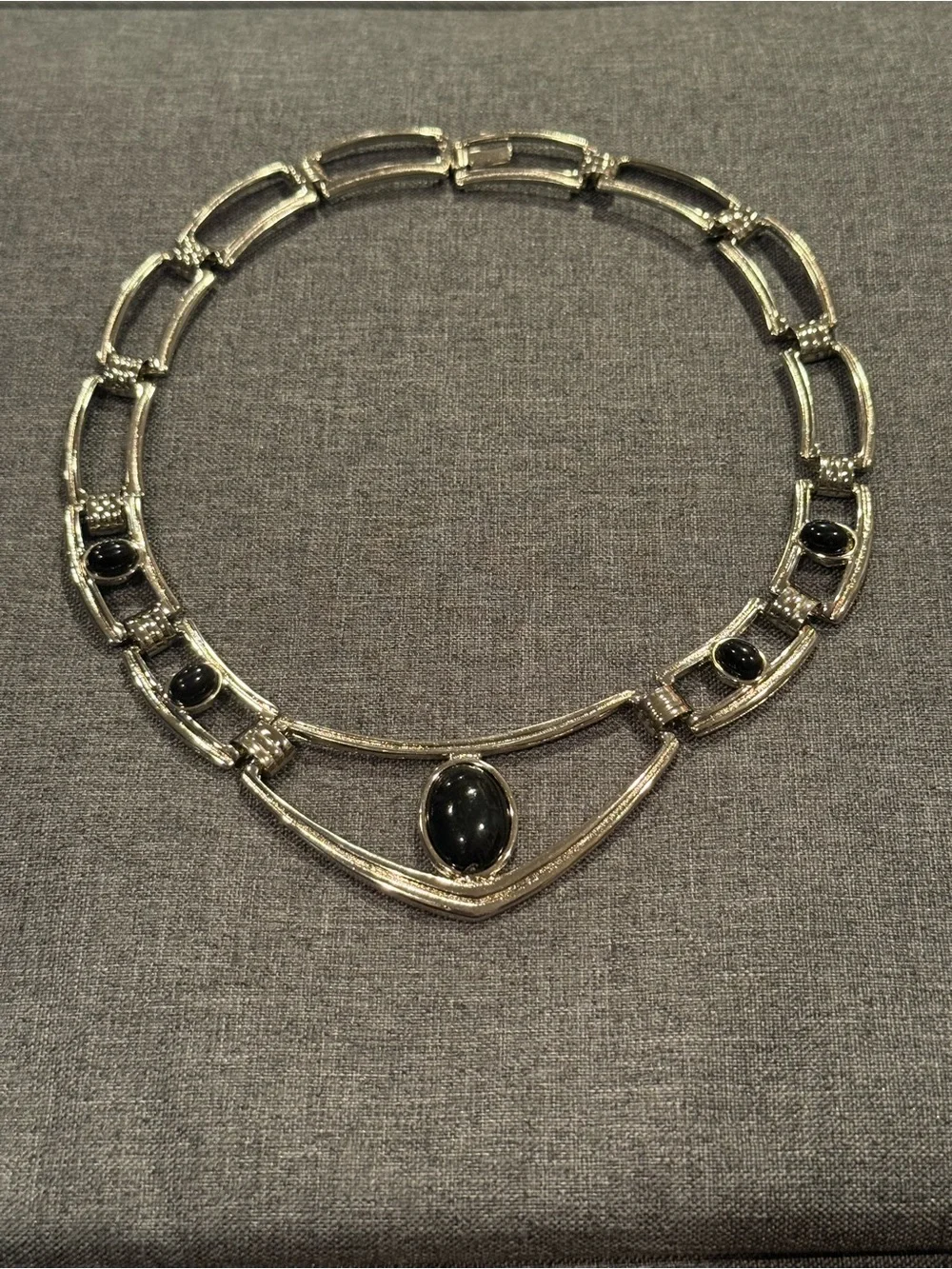 Vintage Silver Tone Black Cabochon Statement Collar Necklace Art Deco Style
